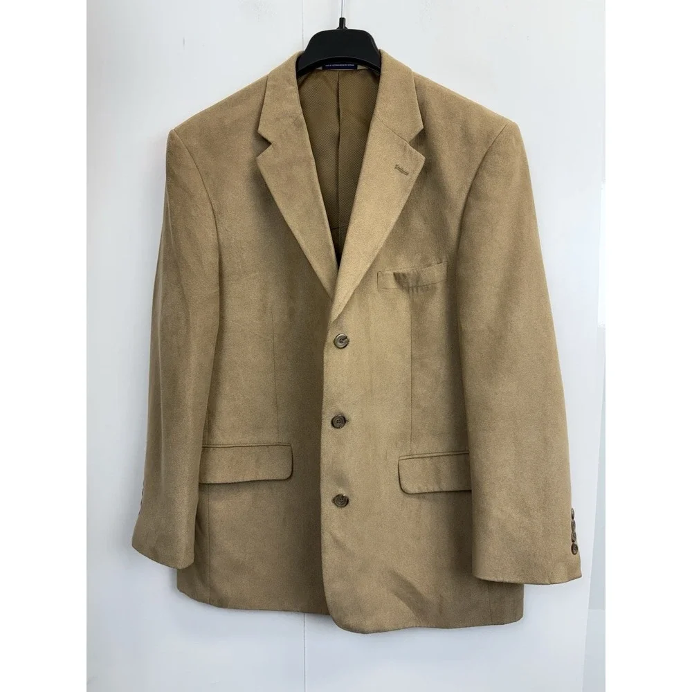 Stafford‎ Sport Coat Blazer Mens 44R Beige 3 Button Faux Suede Twill Suit Jacket